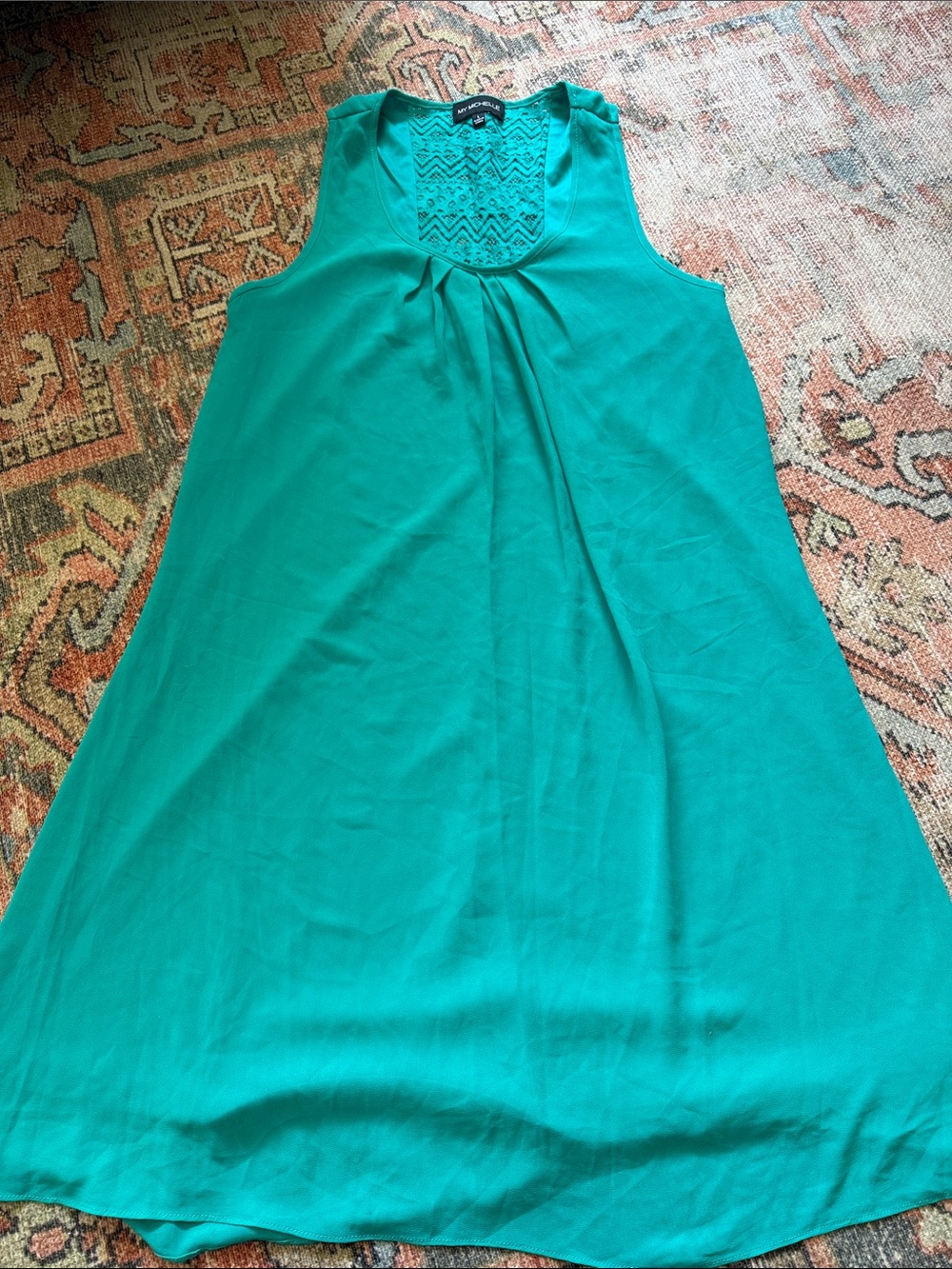 My Michelle Teal Sleeveless Lace-Yoke Shift Dress